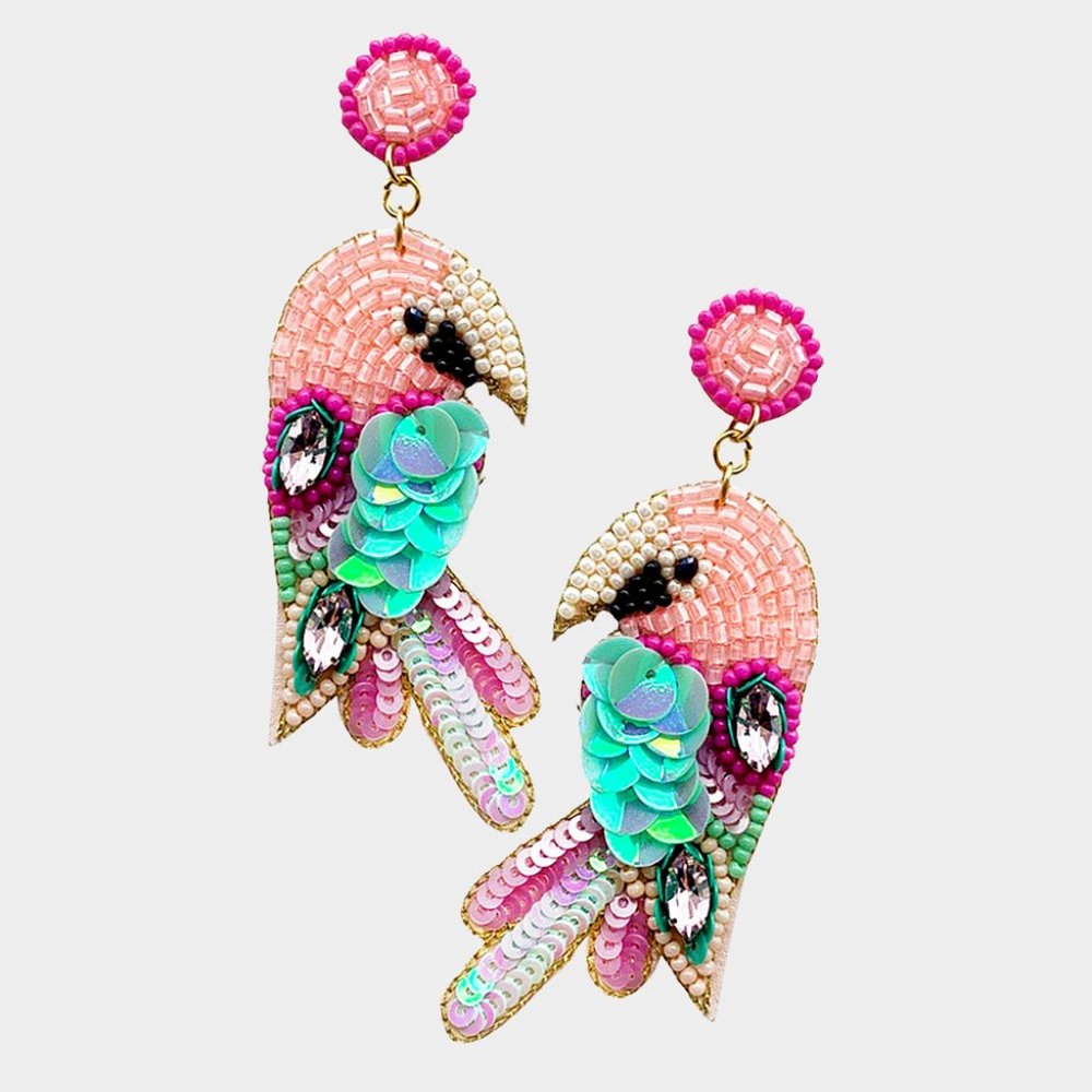 Felt Back Sequin Beaded Parrot Dangle Earrings
